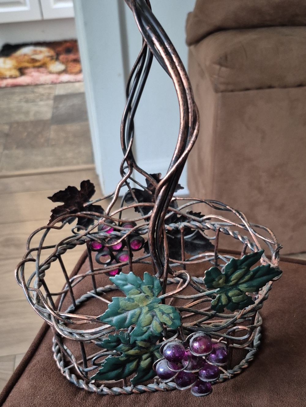 Decorative Wire Basket with Green Leaf and Purple Grapes Accent